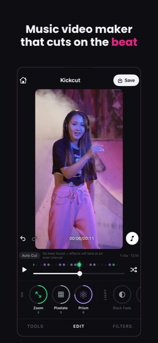 Kickcut editor showing Auto Cut landing effects on the beat